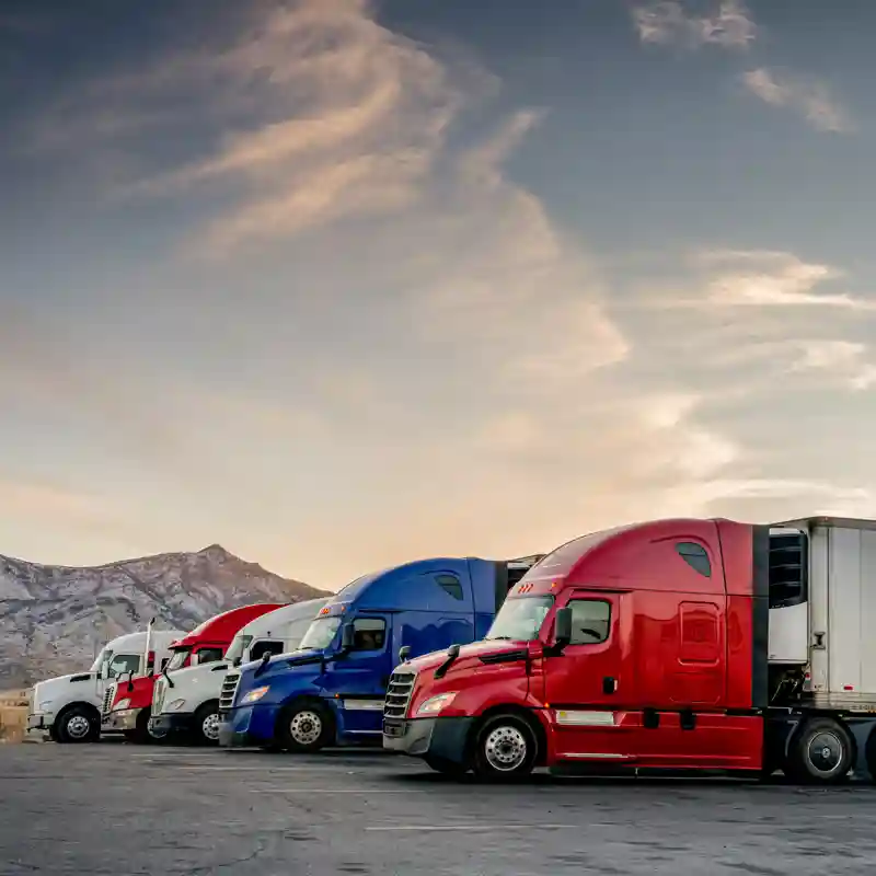 Four semi-trucks in parking lot at sunset.