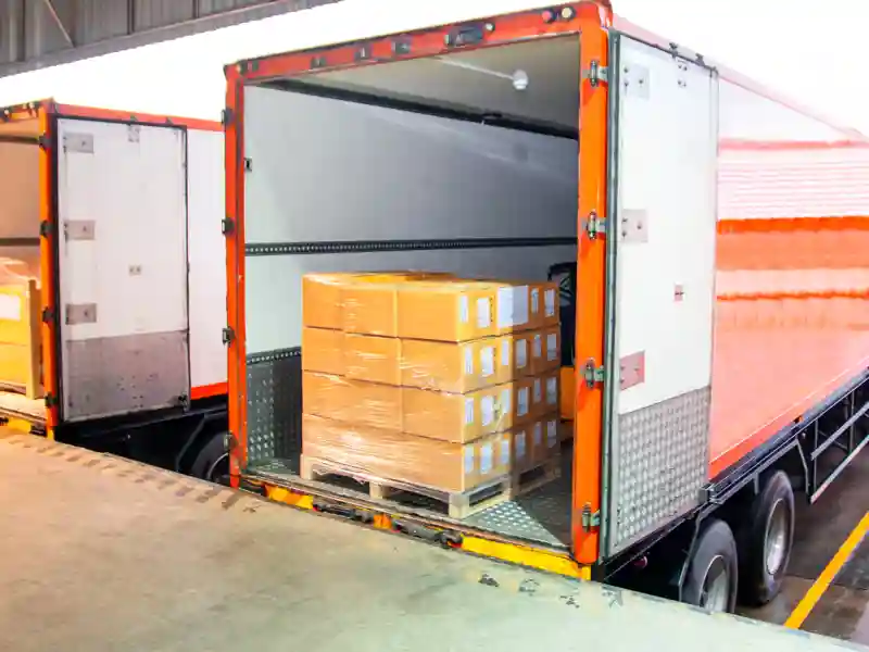 Cargo being loaded into a trailer at a loading dock.