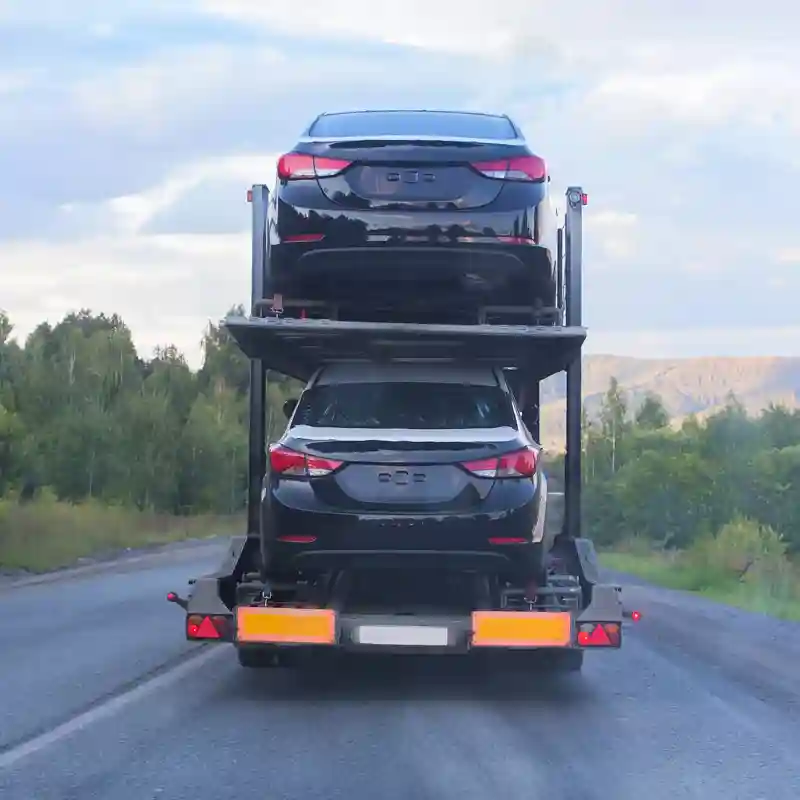 Rear view of a car hauler with 2 cars.